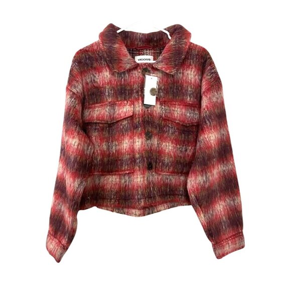 Vigoss M Brushed Plaid Crop Jacket Faux Fur Aztec Western Shacket Chest Pocket - Picture 6 of 11